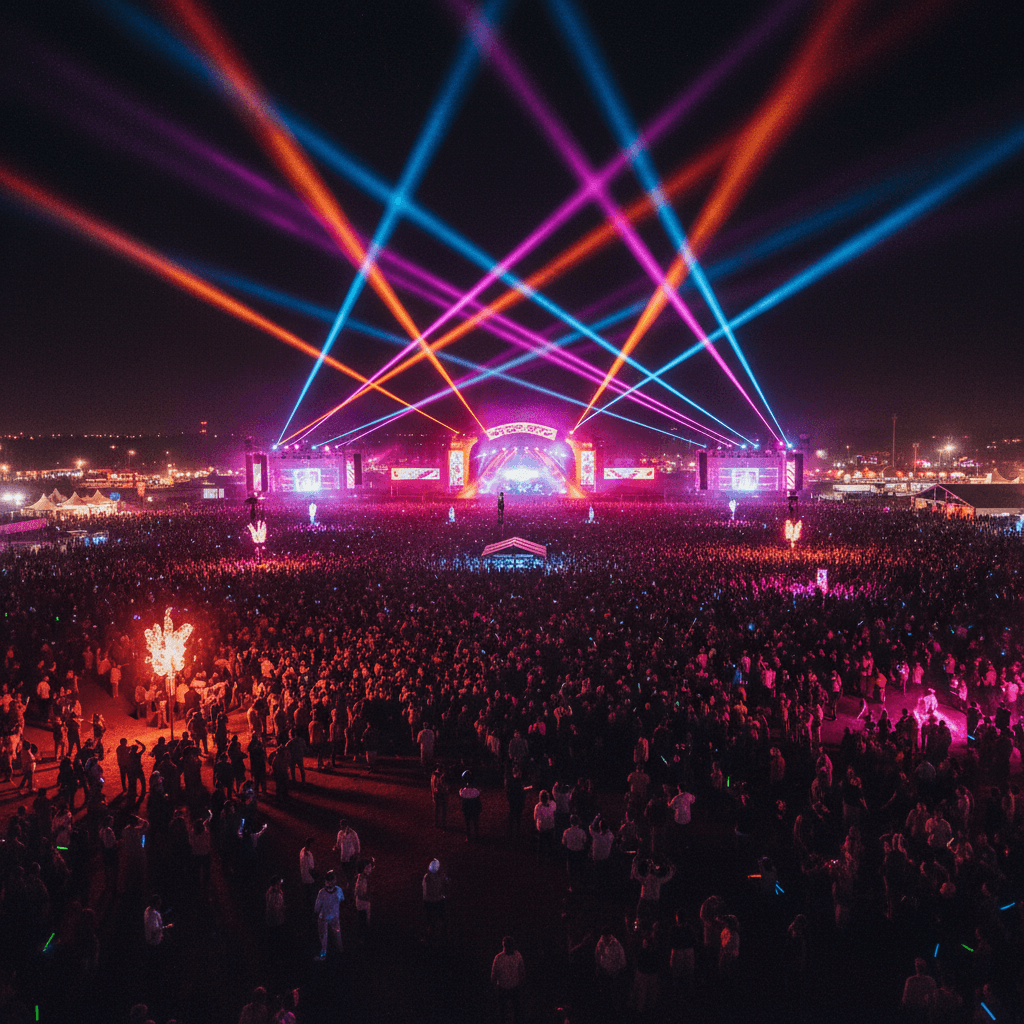 Aerial view of a large music festival at night